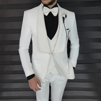 Elegáns fehér esküvői férfi öltönyök Blézer kendő hajtóka egymellű 3 részes kabát nadrág mellény egygombos formális blézer hombré