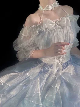 Francia romantikus stílus Lolita Op Elegáns lány cosplay hercegnő puffos ujjú szalag csokorcsomó virág tunika háló fantasztikus tündér ruha