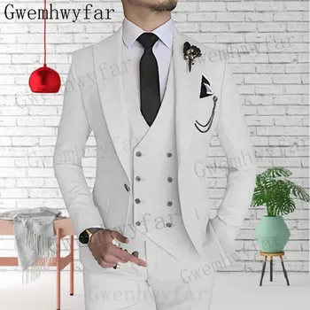 Gwenhwyfar 2022 férfi öltönyök esküvői parti üzleti és alkalmi öltönyhöz Peak hajtóka 3 részes (Blazer + mellény + nadrág)Slim Fit jelmez Homme