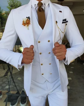 3 részes új fehér férfi öltöny 2024 Peak Lapel Slim Fit alkalmi szmokingos vőlegény Tailor Made Terno Masculino (Blazer+nadrág+mellény)