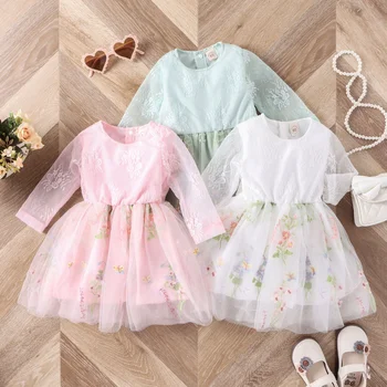 Új lányok csipkevirág hímzőruhák Tavaszi és őszi varrás hálós lány hercegnő gyermek ruha A-vonalú 0-5T ruhák
